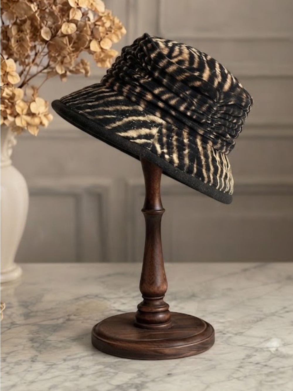 Vintage Tiger Print Faux Fur Ruched Bucket Hat